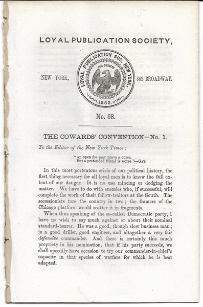 Anti McClellan 1864 Cowards’ Convention Booklet