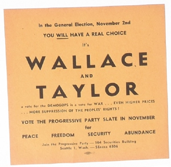 Wallace and Taylor Progressive Party Flyer