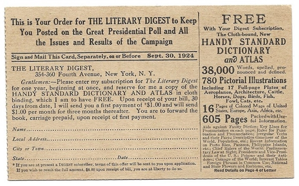 Coolidge, Davis, LaFollette Literary Digest Poll Postcard
