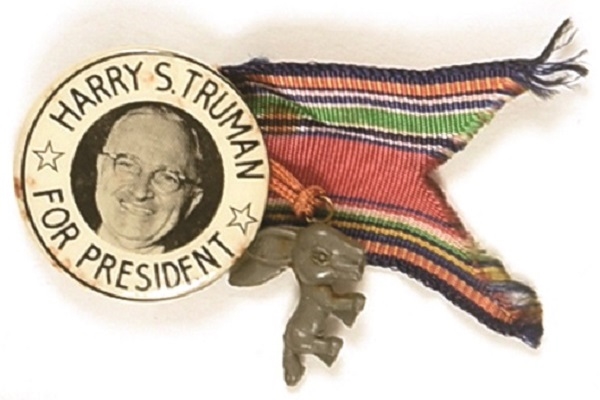 Harry S. Truman for President Celluloid with Donkey Charm, Ribbon