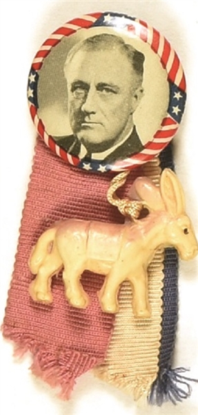 Franklin Roosevelt Stars, Stripes Celluloid With Donkey, Ribbon