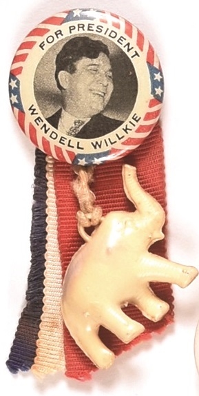 Willkie Celluloid Pin With Elephant, Ribbons