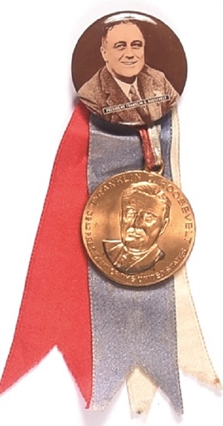 Franklin Roosevelt Sepia Celluloid With Medal, Ribbons