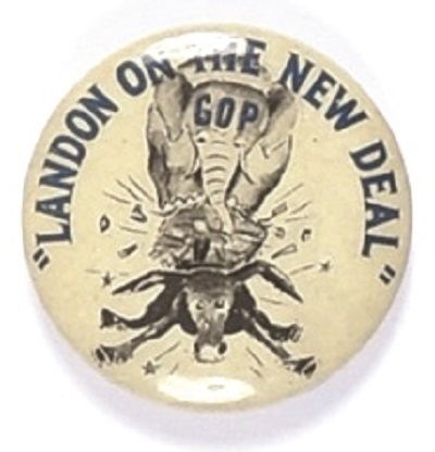 Landon On the New Deal Rare Cartoon Pin