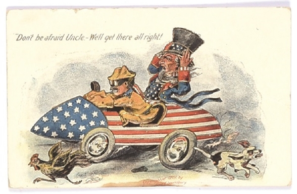 Roosevelt, Uncle Sam Race Car Postcard