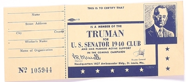 Truman for US Senator Club Pledge Card