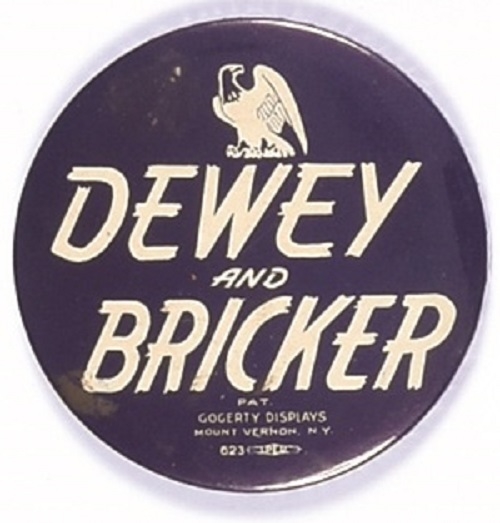 Dewey and Bricker Larger Size 1944 Pin