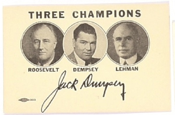 Roosevelt, Dempsey, Lehman New York Three Champions Card