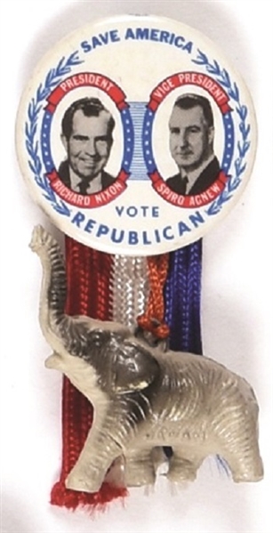 Nixon, Agnew Save America Pin, Ribbons, Elephant