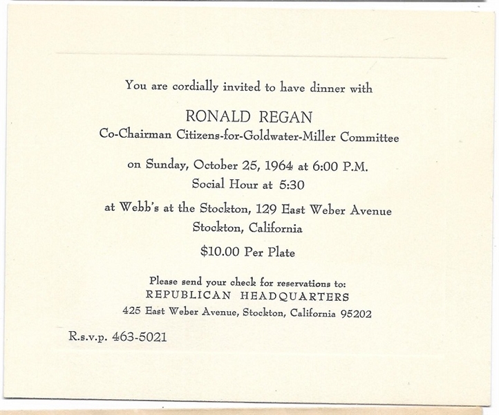 Reagan 1964 California Dinner Invitation 