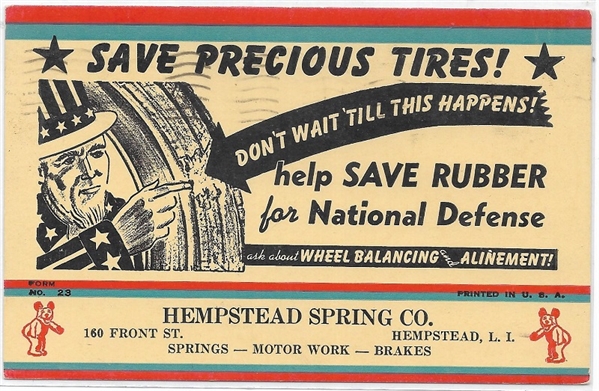 Uncle Sam WW II Save Tires Postcard 