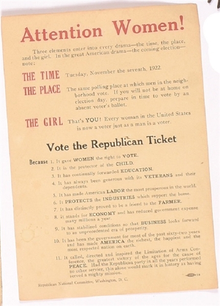 GOP National Committee Attention Women! 1922 Handbill