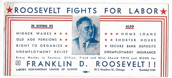 Roosevelt Fights for Labor Illinois Campaign Card