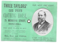 Garfield, Hancock Three Taylors Clothing House Mechanical Trade Card 