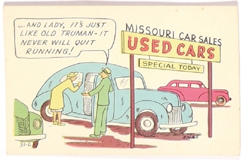 Anti Truman Used Cars Postcard