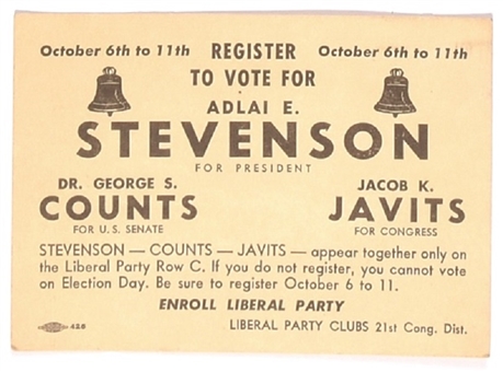 Stevenson New York Liberal Party Coattail Card