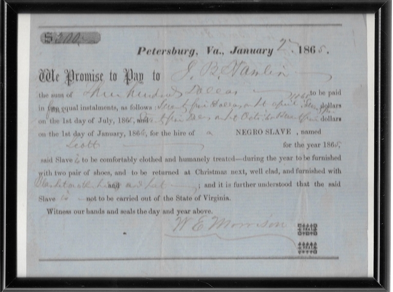 Virginia 1865 Slave Lease Agreement