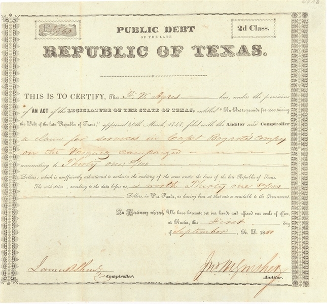 Republic of Texas Debt Certificate