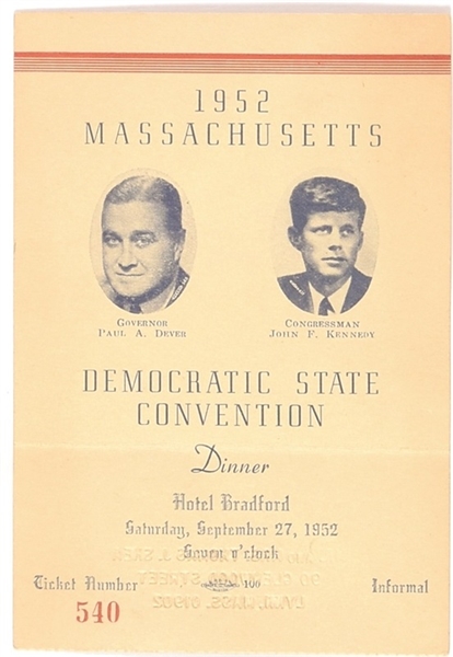JFK 1952 Massachusetts Dinner State Convention Dinner Ticket