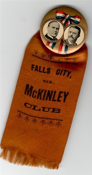McKinley, Roosevelt Falls City, Nebraska Pin and Ribbon