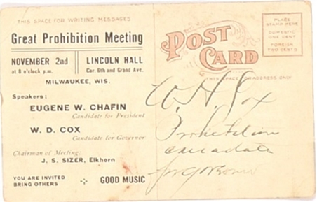 Chafin, Watkins Prohibition Party Coattail Postcard