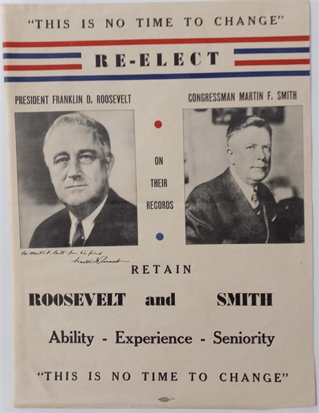 Roosevelt, Smith State of Washington Signed Coattail Poster