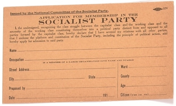 Socialist Party Application Card
