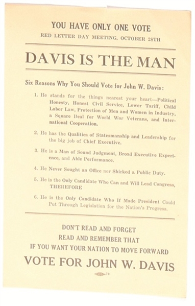 John W. Davis is the Man Handbill