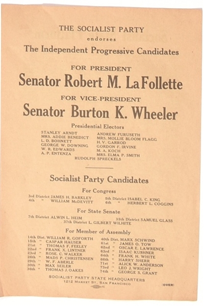 LaFollette, Wheeler Socialist Party of California Handbill
